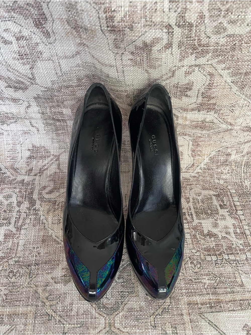 Gucci Black Patent Pointed-Toe Platform Pumps with Iridescent Toe Accent